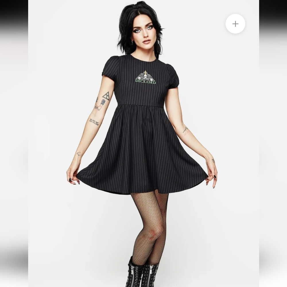Disturbia Deceased Embroidered Pinstriped Mini Skater Dress